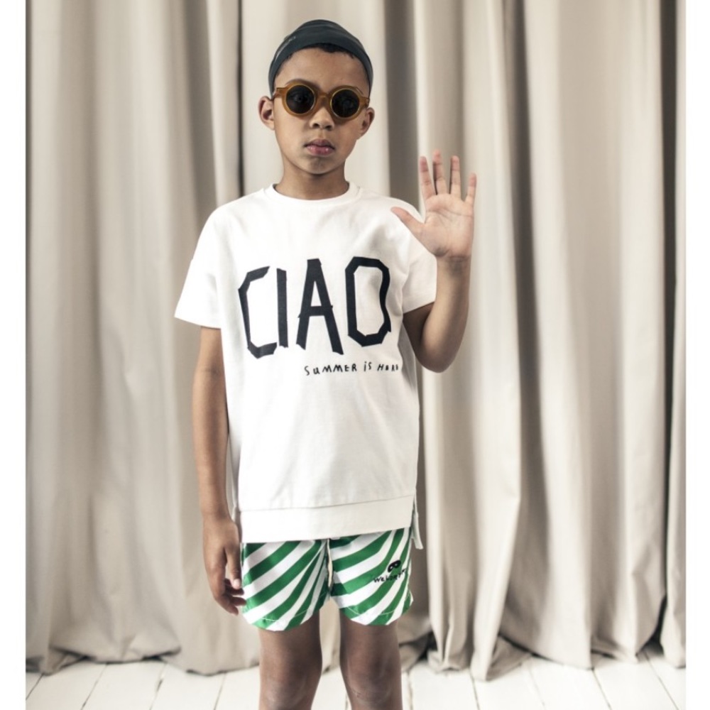 {Beau Loves} Swim shorts white with green DIAGONAL STRIPES - Sz 8-9Y